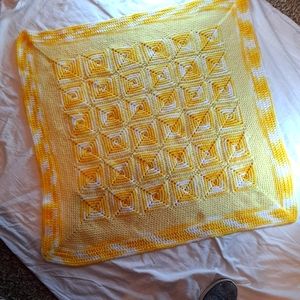 Granny Squares Homemade Blanket Afghan 31" x 32" Crochet Knit Vintage Yellow.